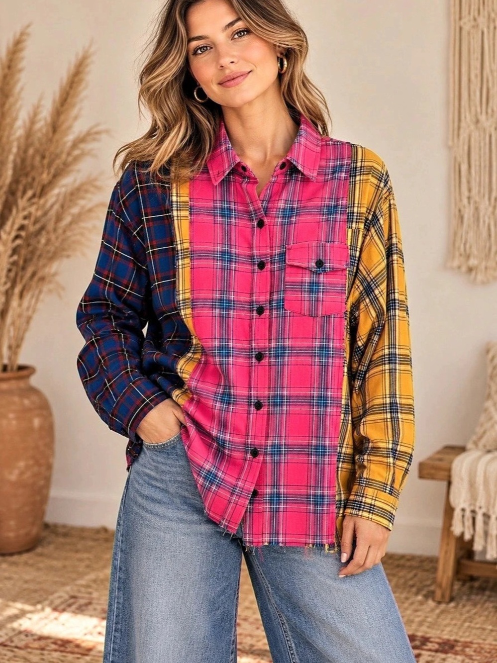 Better Be Color Block Plaid Button Down Shirt (080890) 🍂 ☀️